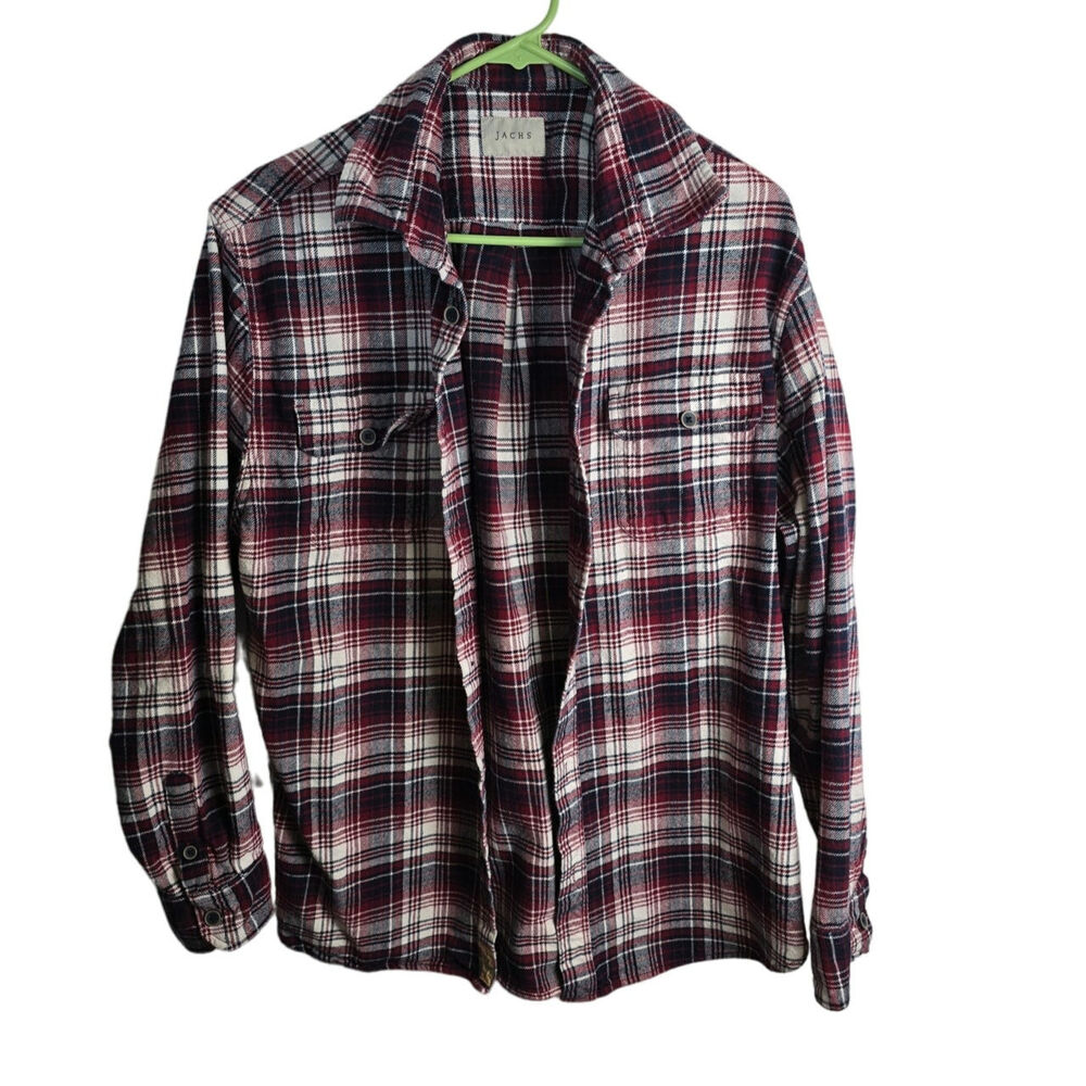 Jachs Red Navy White Plaid Flannel Long Sleeve Button Up Shirt Size Large